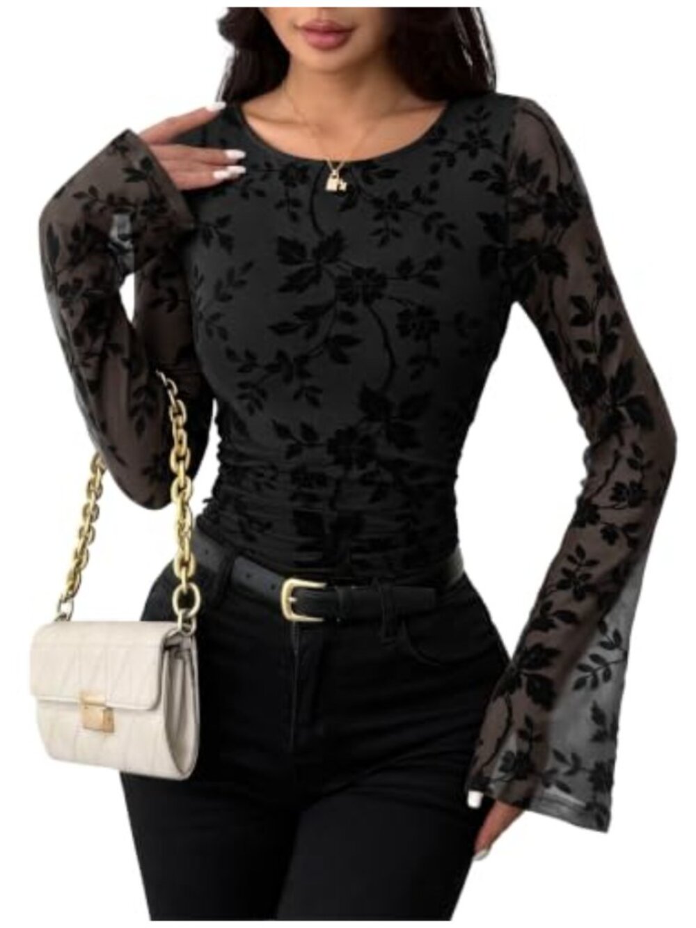 Sheer Lace Bell Sleeve Blouse Velvet Textured Crew Neck